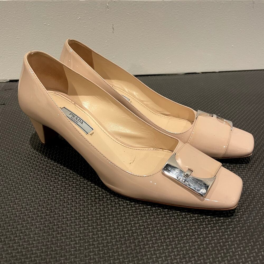 Prada Patent Leather Pumps Square Toe Beige Neutral Silver Women's Size EU 38